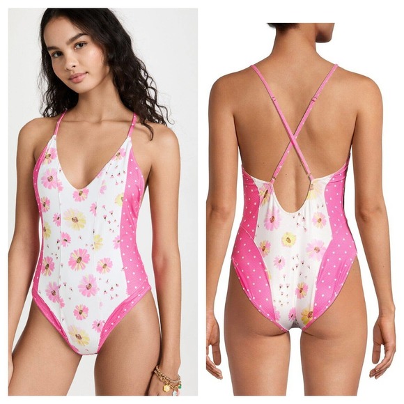 NWT LoveShackFancy Swimsuit Sz M Shailee One Piece in Bright Peony & Storage Bag - Picture 1 of 12